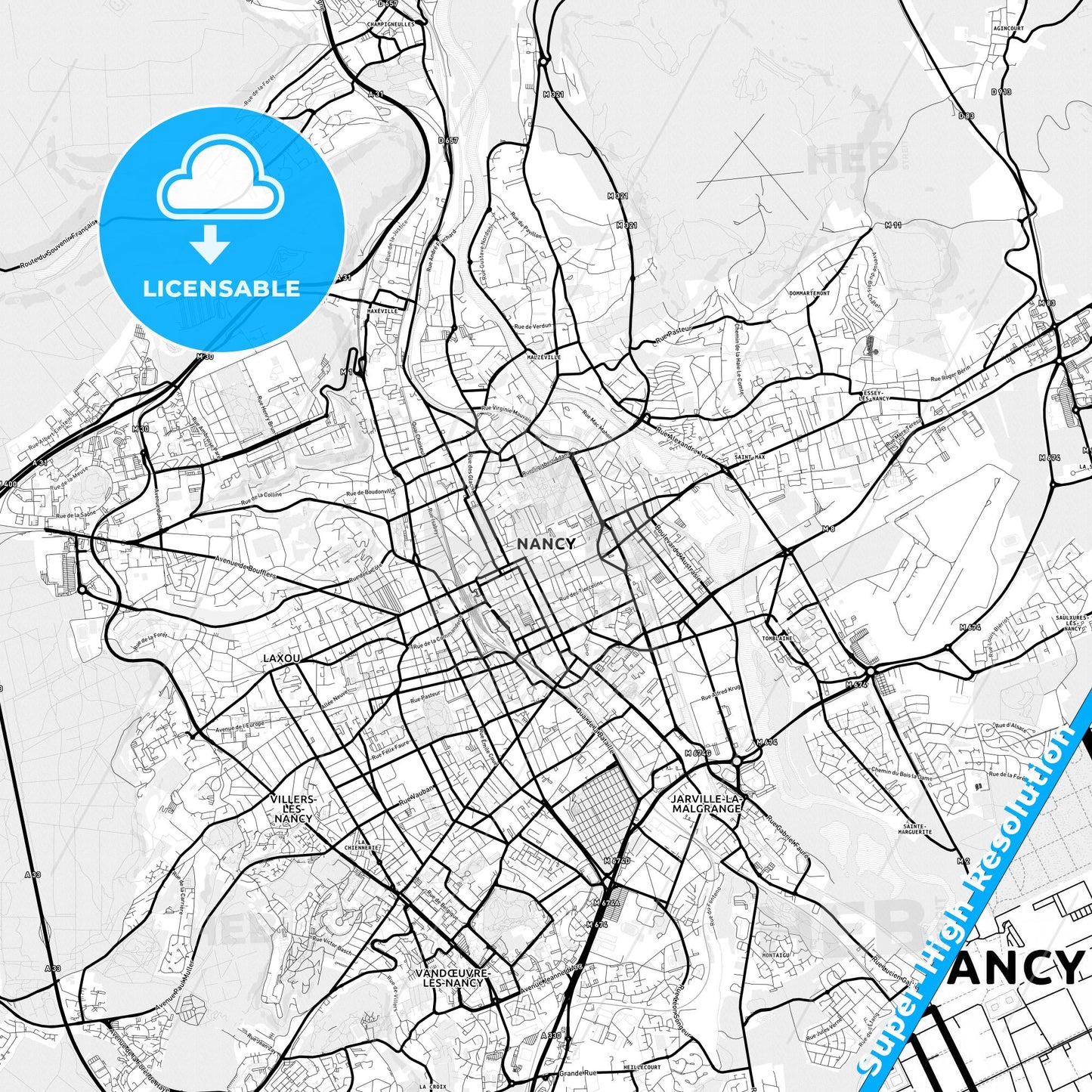 Nancy, France Light Map with Street Names, City Names, and Districts
