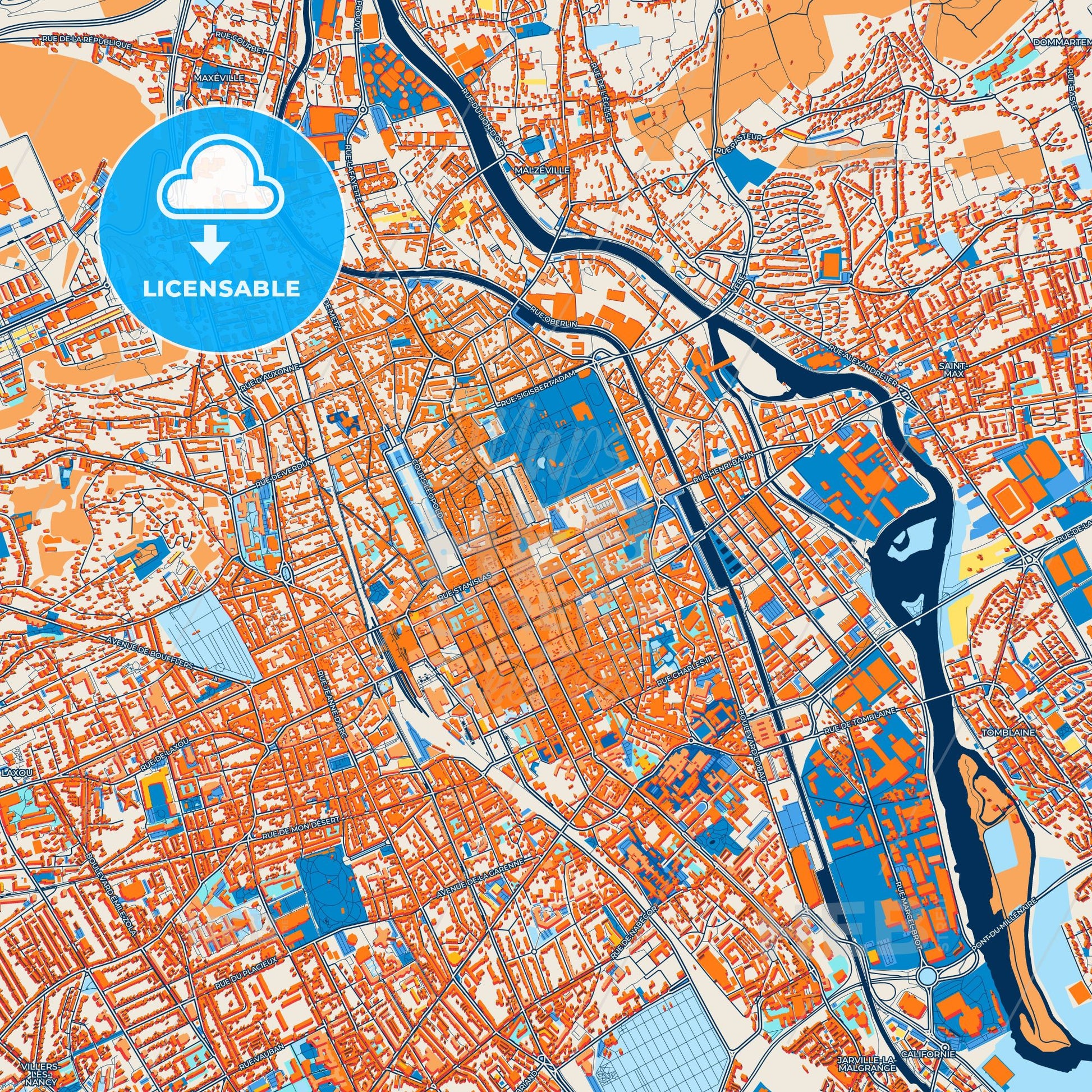 Colorful Nancy Street Map with Labels and Buildings