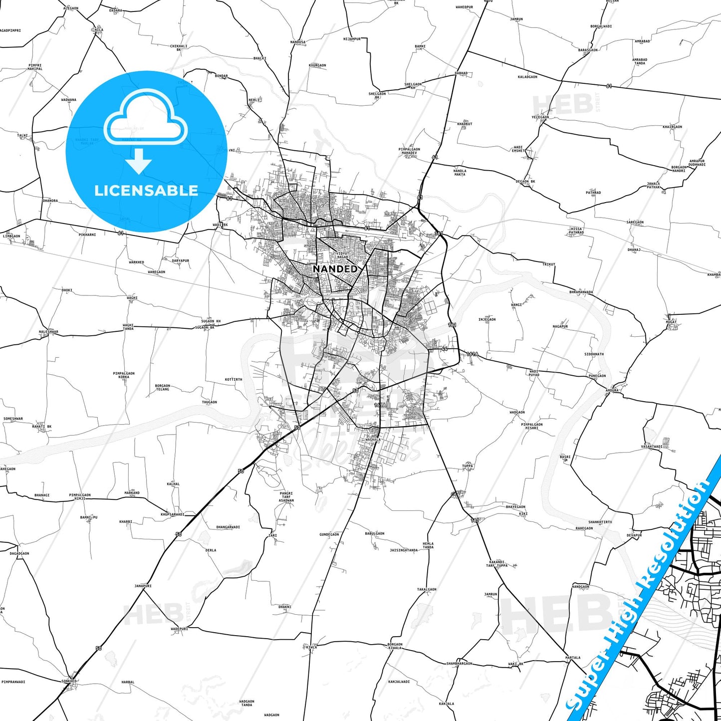 Nanded, India light map with streetnames, citynames and districts