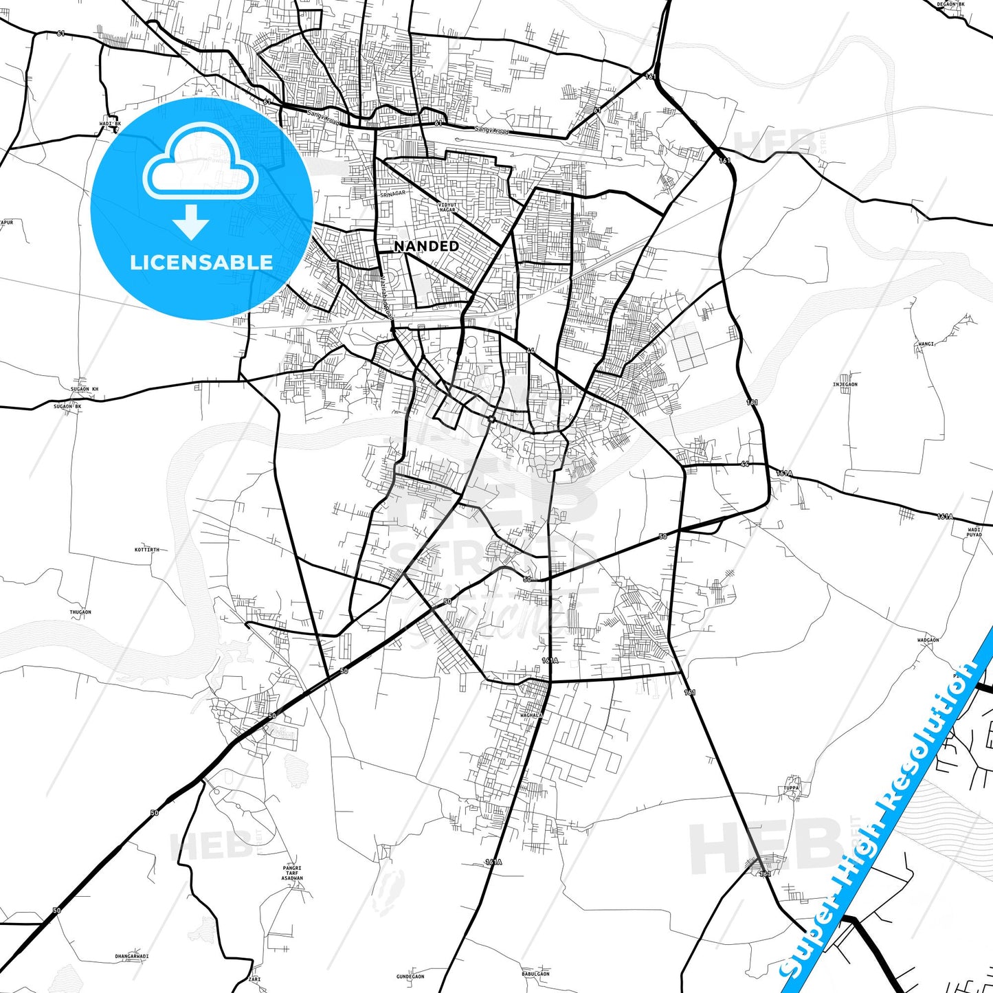 Nanded, India Light Map with Street Names, City Names, and Districts