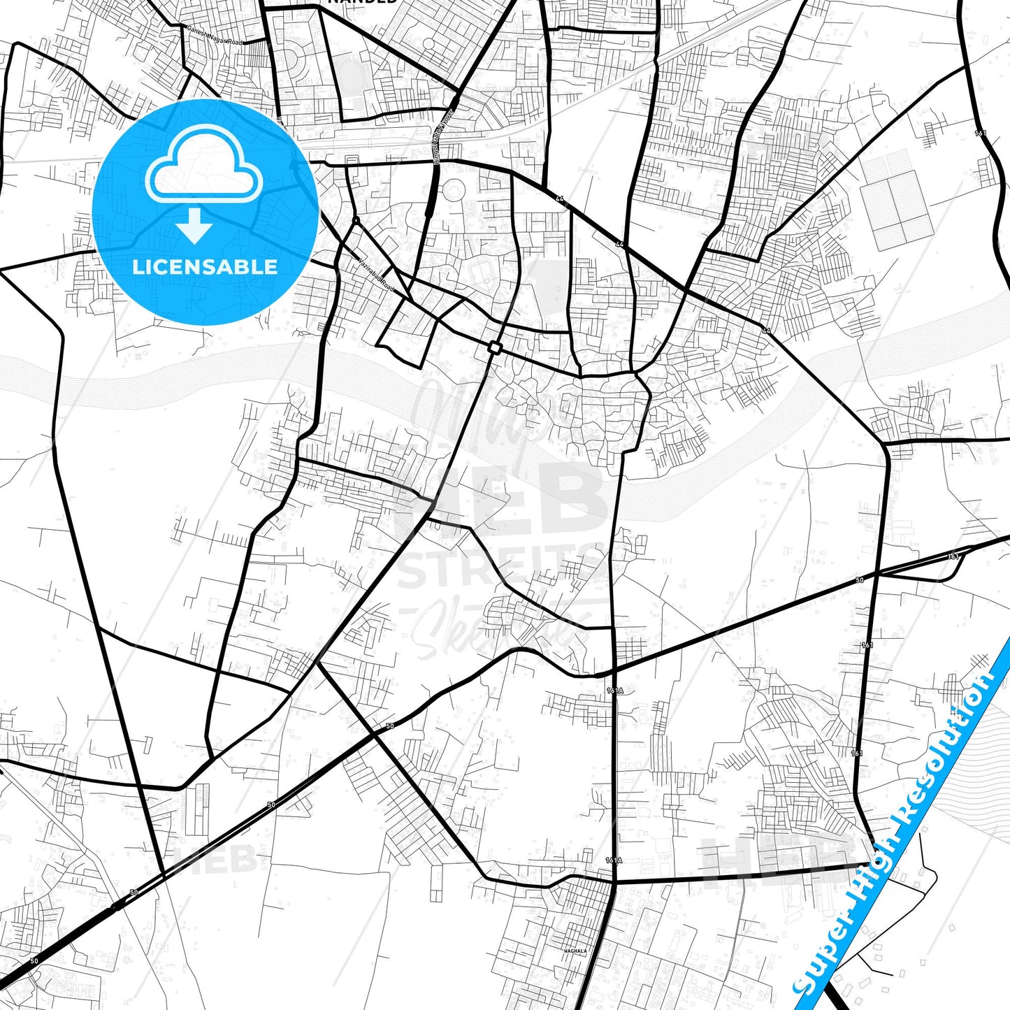 Nanded, India Light Map with Street Names, City Names, and Districts