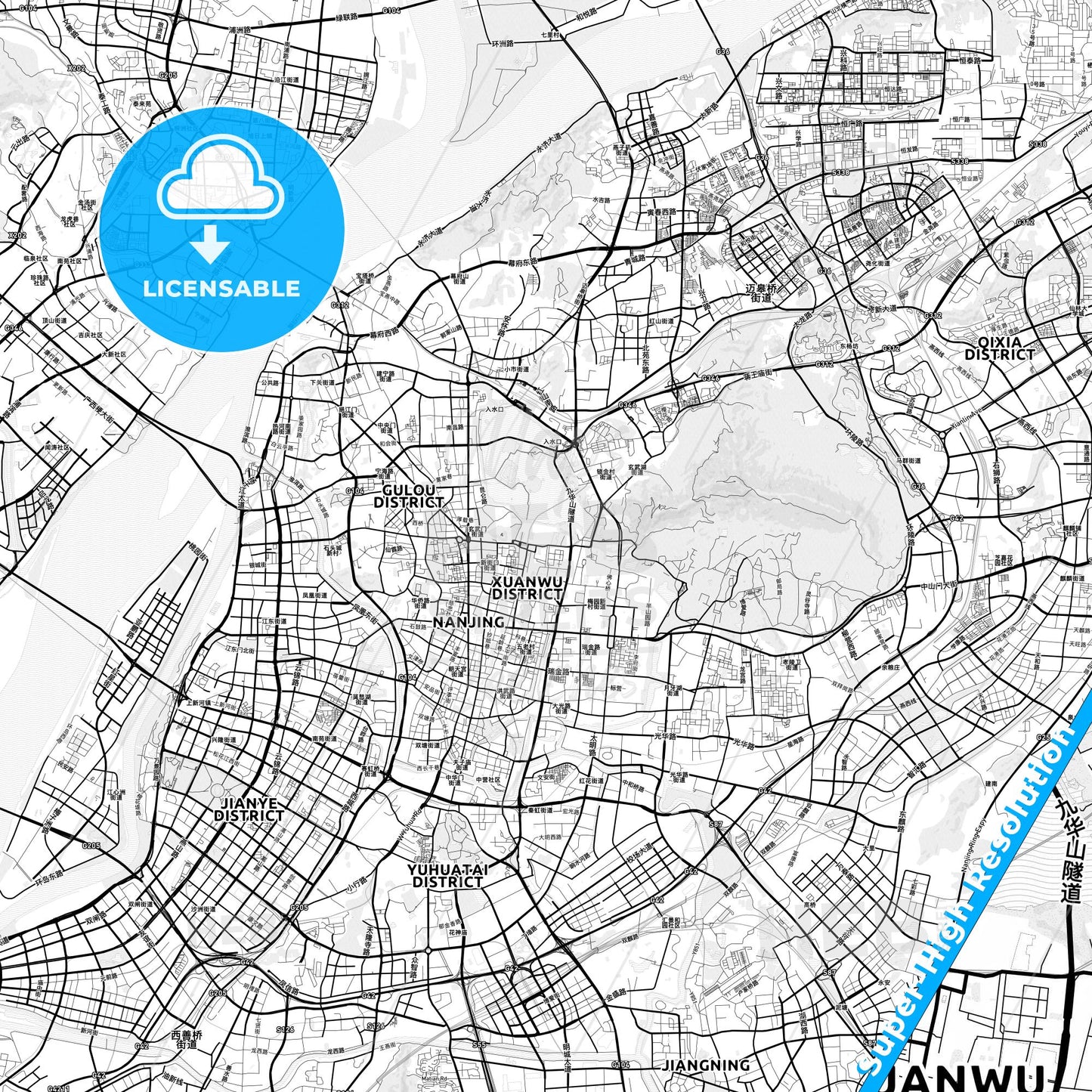 Nanjing, China light map with streetnames, citynames and districts