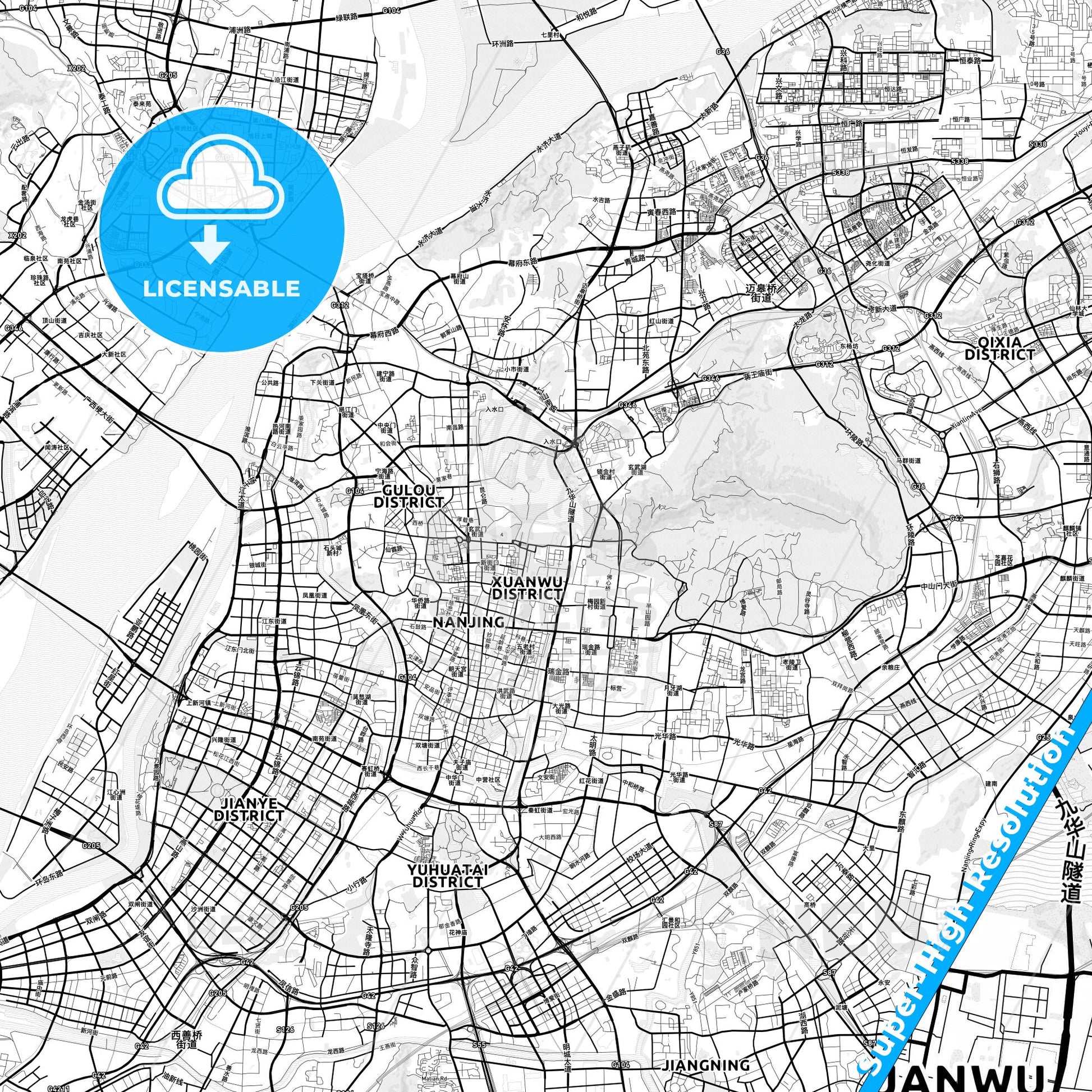 Nanjing, China light map with streetnames, citynames and districts