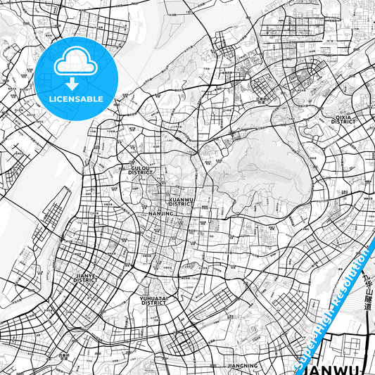 Nanjing, China light map with streetnames, citynames and districts