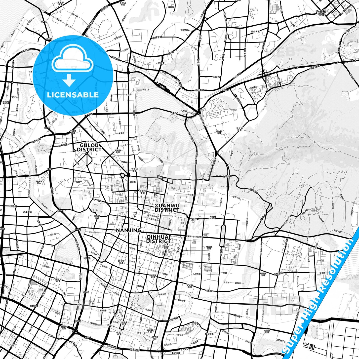 Nanjing, China Light Map with Street Names, City Names, and Districts