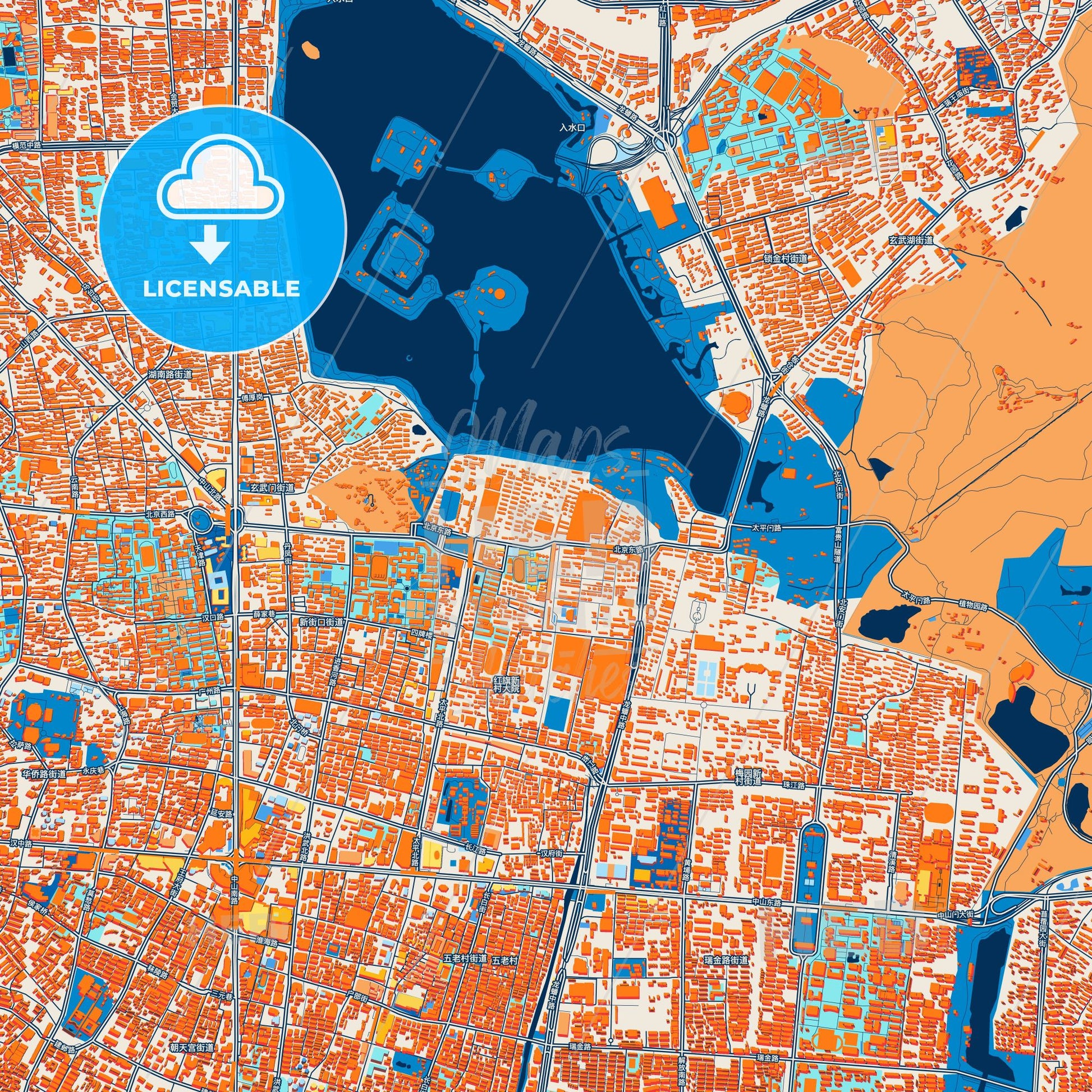Colorful Nanjing Street Map with Labels and Buildings