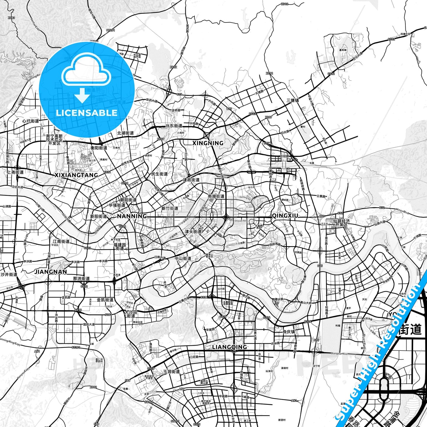 Nanning, China light map with streetnames, citynames and districts