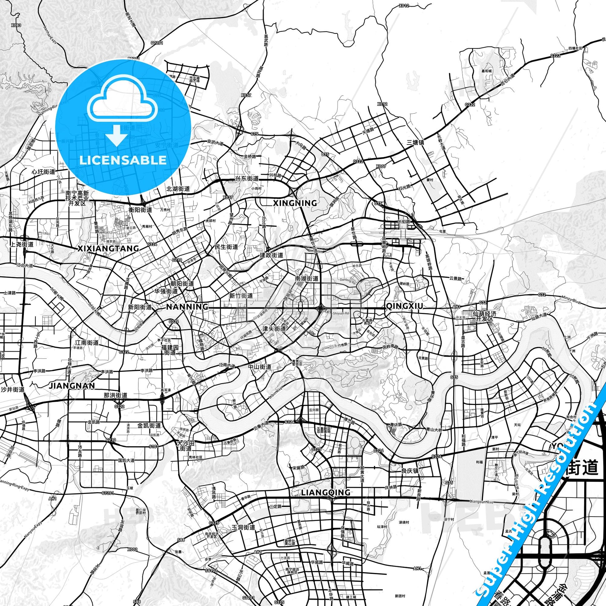 Nanning, China light map with streetnames, citynames and districts