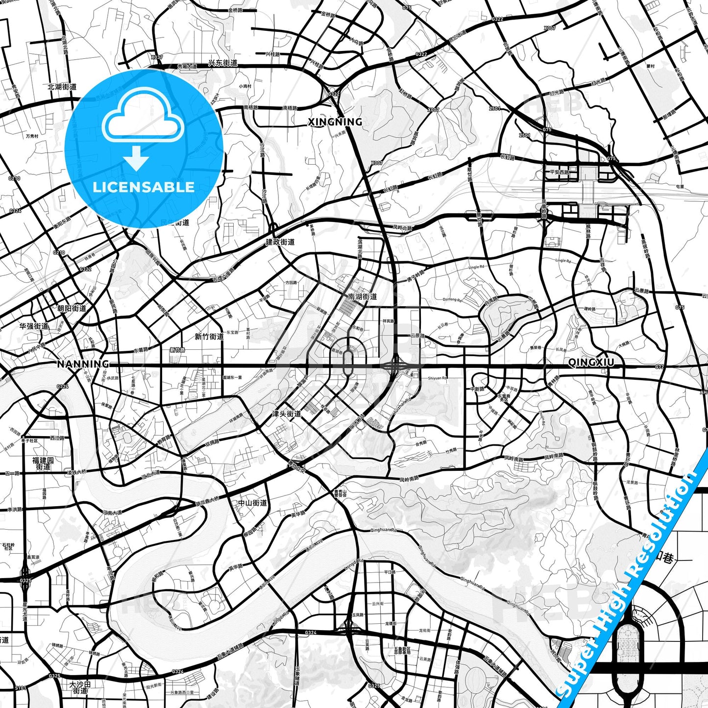 Nanning, China Light Map with Street Names, City Names, and Districts