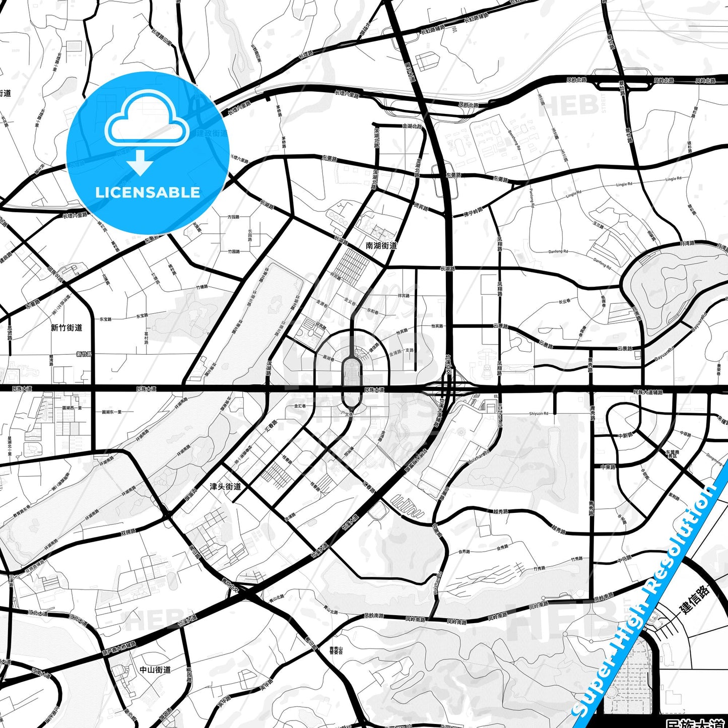 Nanning, China Light Map with Street Names, City Names, and Districts
