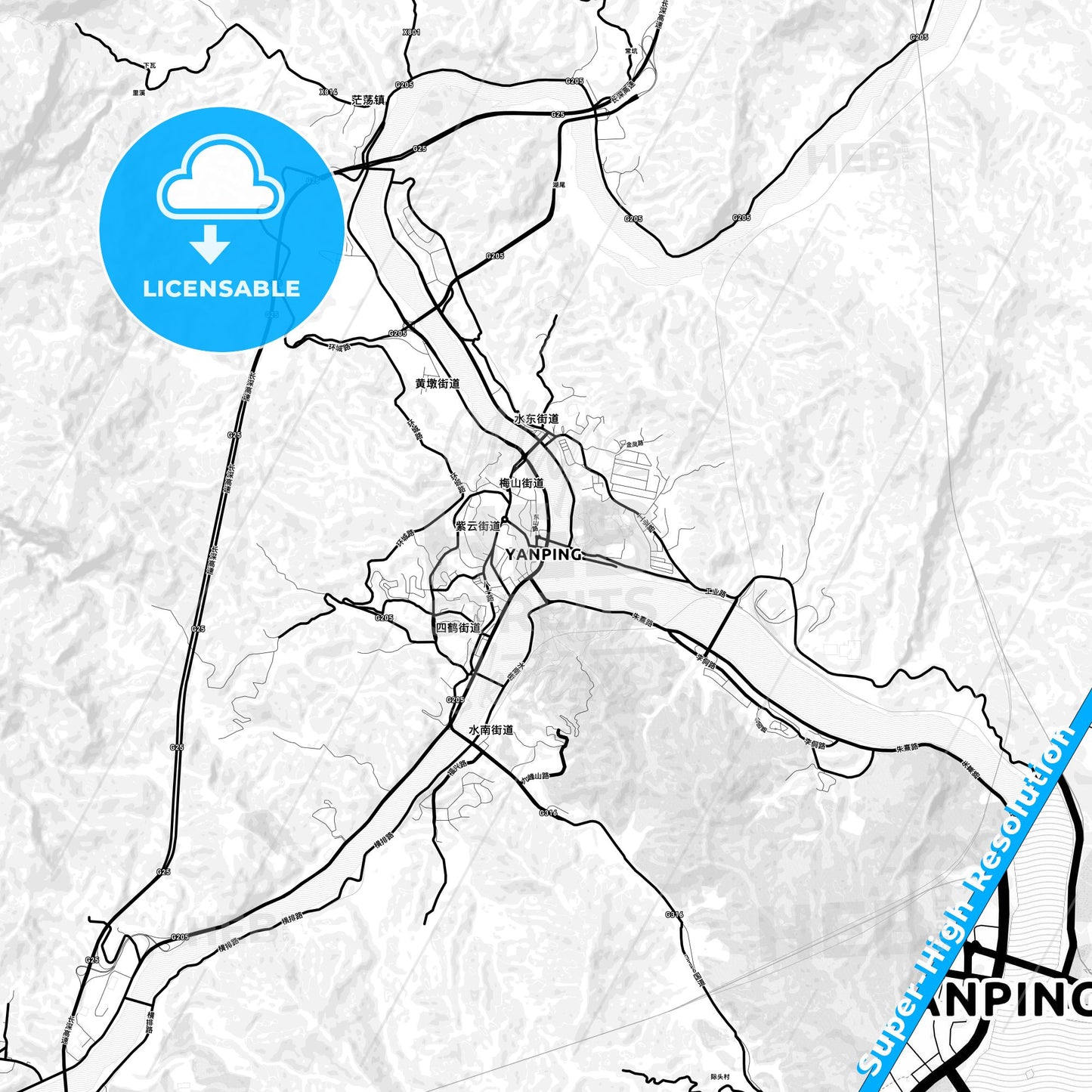 Nanping, China Light Map with Street Names, City Names, and Districts