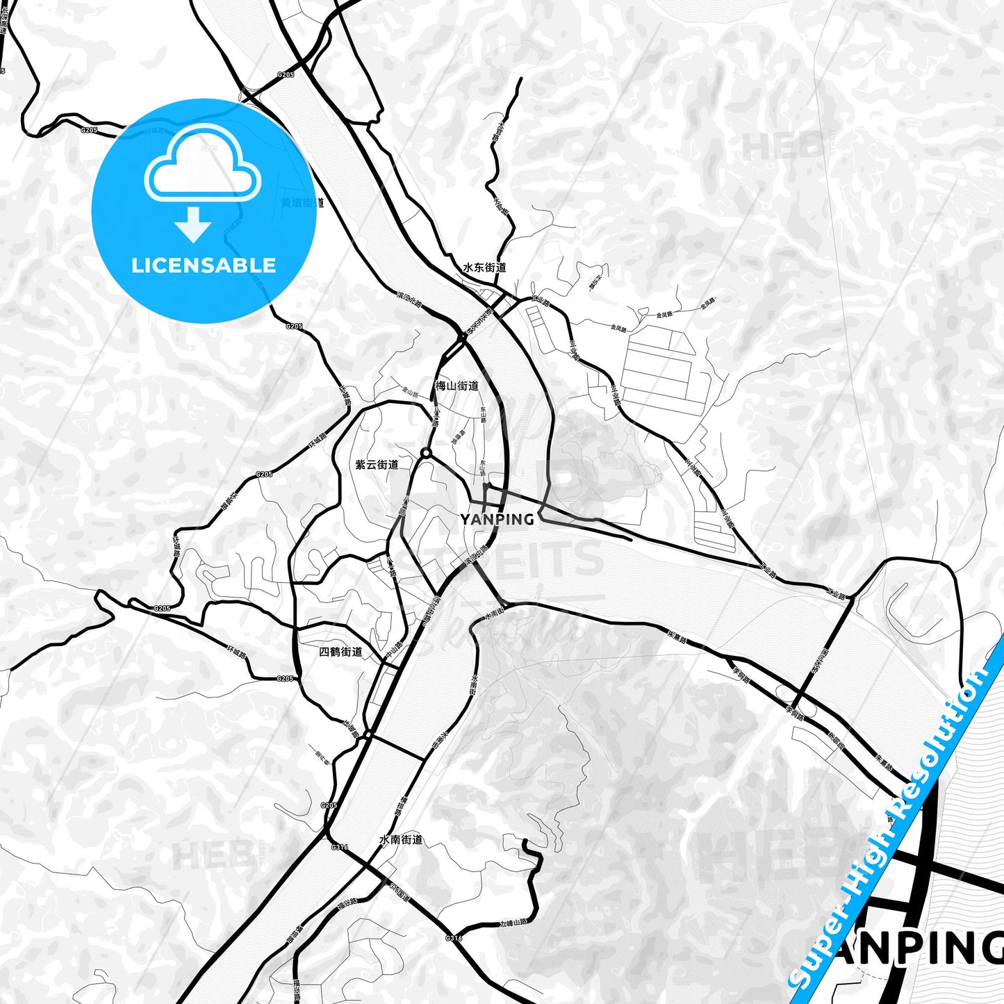 Nanping, China Light Map with Street Names, City Names, and Districts