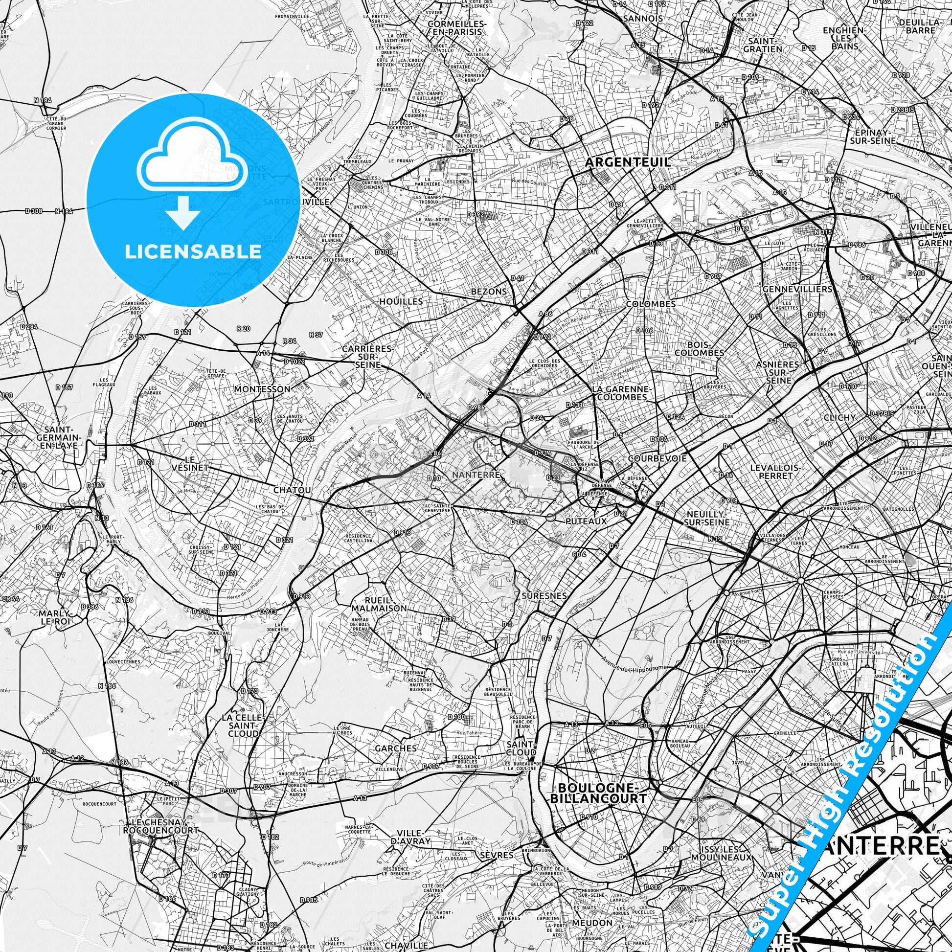 Nanterre, France light map with streetnames, citynames and districts