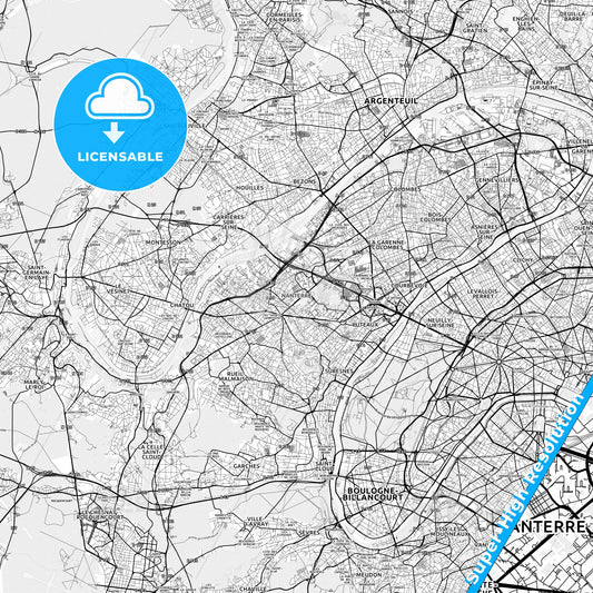 Nanterre, France light map with streetnames, citynames and districts