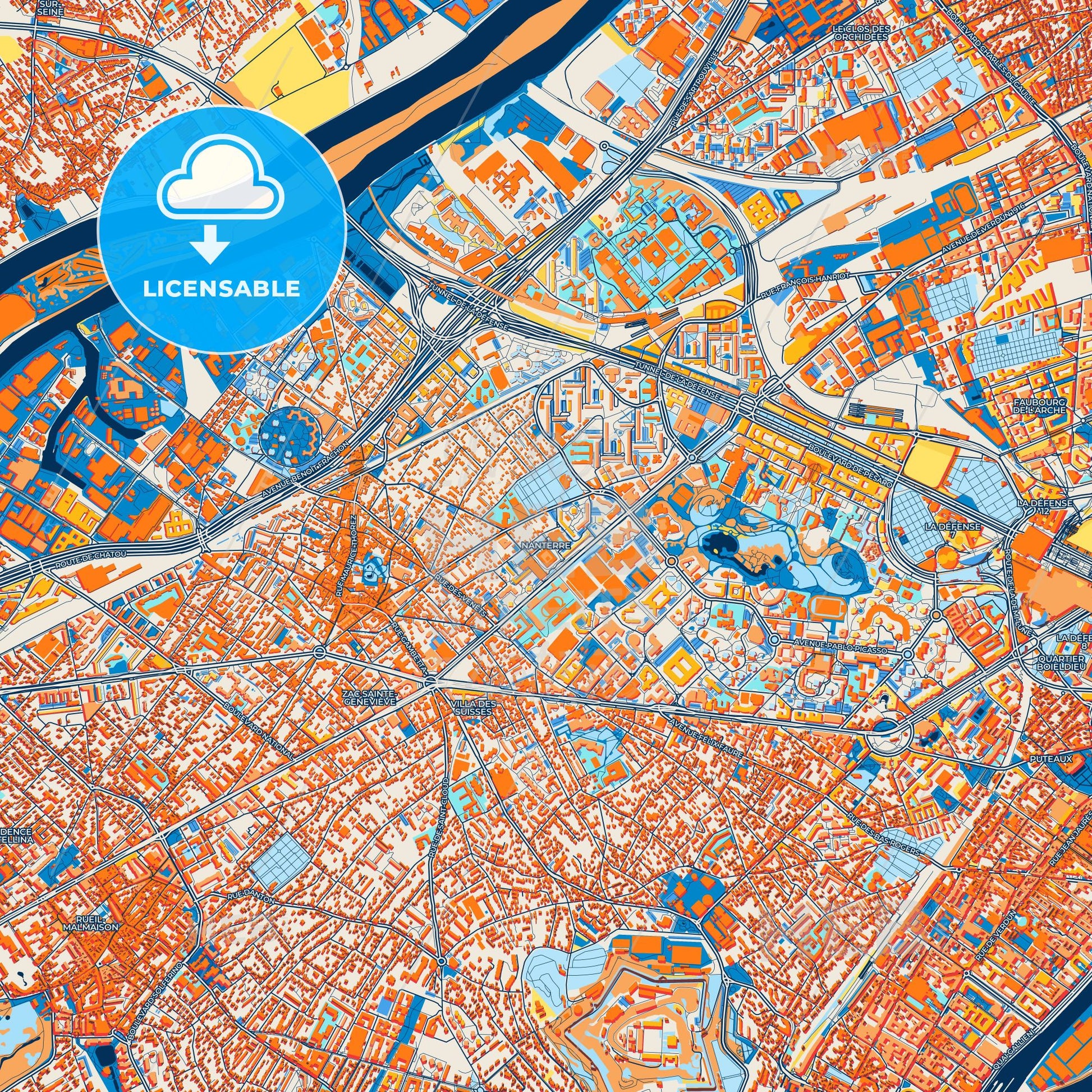 Colorful Nanterre Street Map with Labels and Buildings