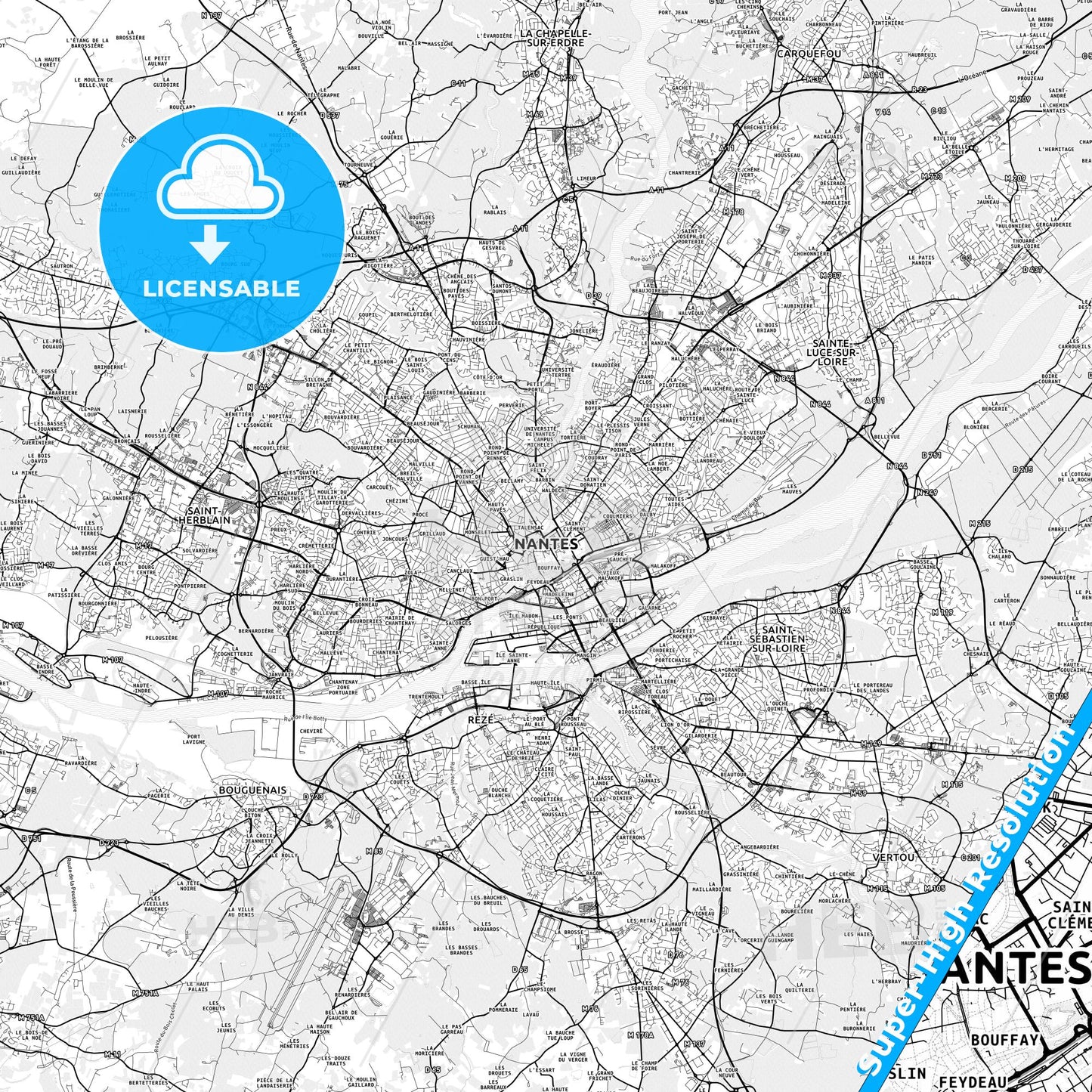 Nantes, France light map with streetnames, citynames and districts