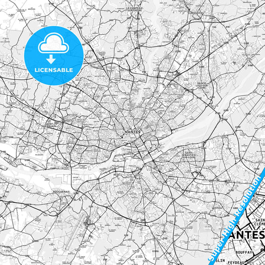 Nantes, France light map with streetnames, citynames and districts