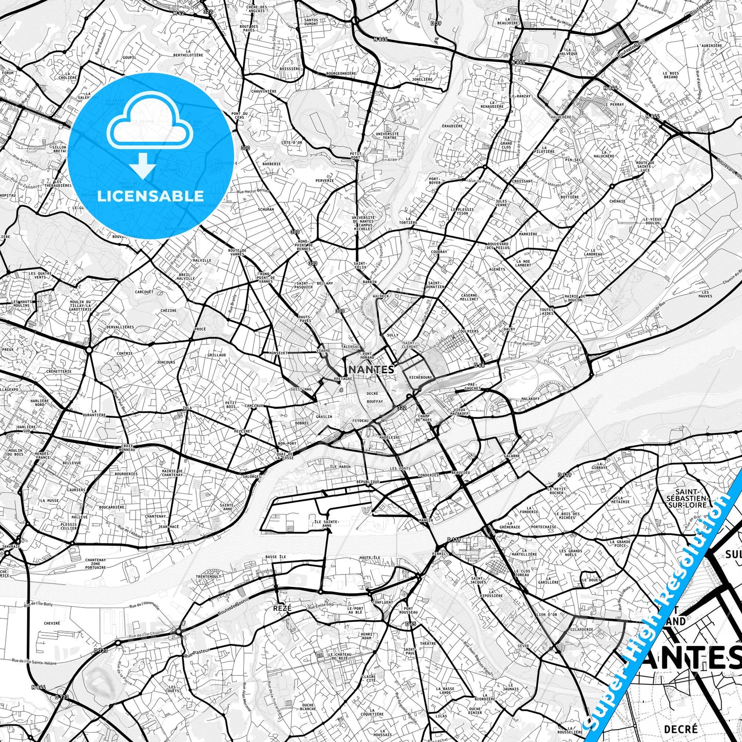 Nantes, France Light Map with Street Names, City Names, and Districts