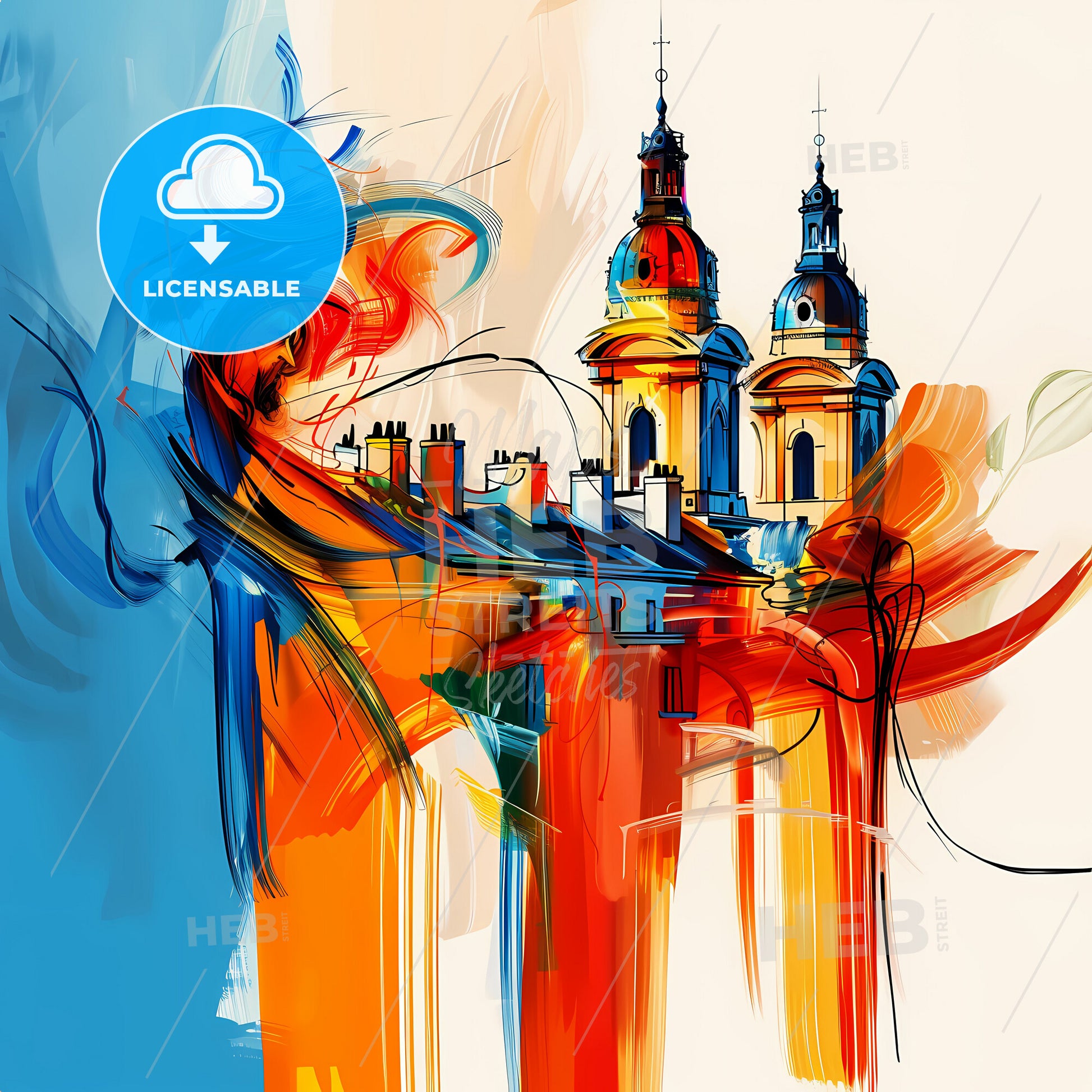 Vibrant Nantes, France - A Painting Of A Building With Towers And A Blue And Orange Background