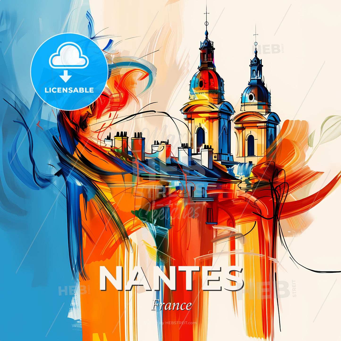 Vibrant Nantes, France - A Painting Of A Building With Towers And A Blue And Orange Background - Square format print template