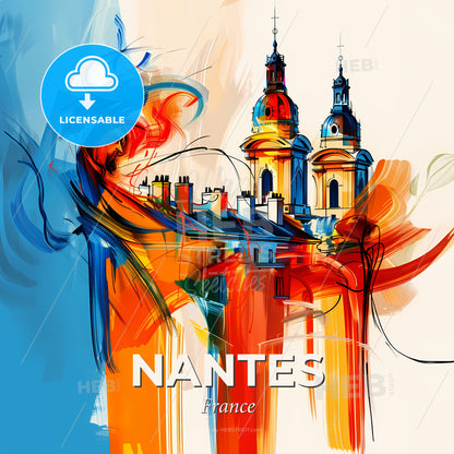 Vibrant Nantes, France - A Painting Of A Building With Towers And A Blue And Orange Background - Square format print template