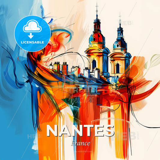 Vibrant Nantes, France - A Painting Of A Building With Towers And A Blue And Orange Background - Square format print template