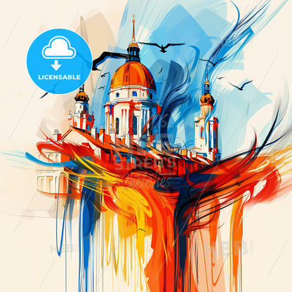 Vibrant Nantes, France - A Painting Of A Building With Birds Flying