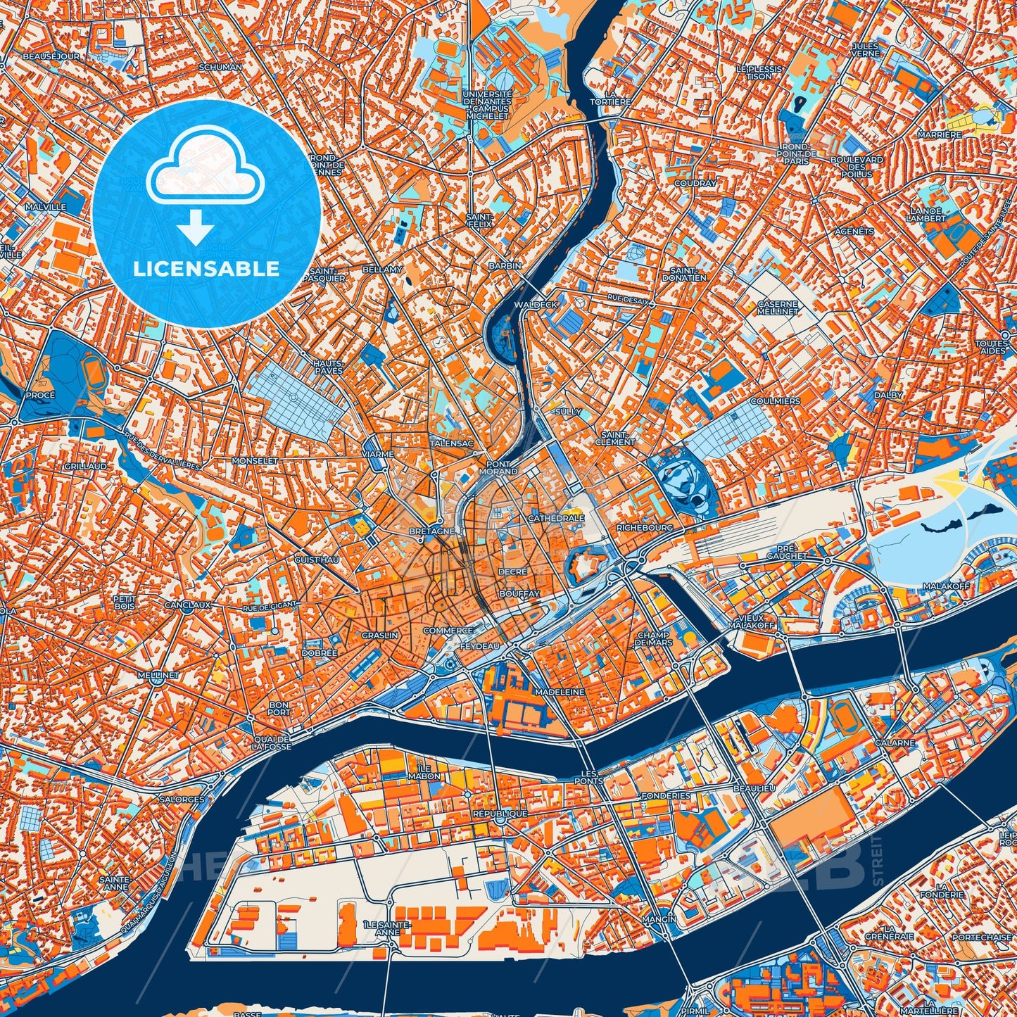 Colorful Nantes Street Map with Labels and Buildings