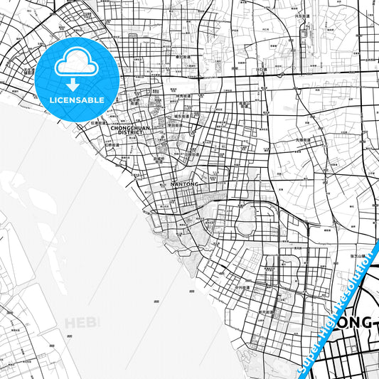 Nantong, China light map with streetnames, citynames and districts