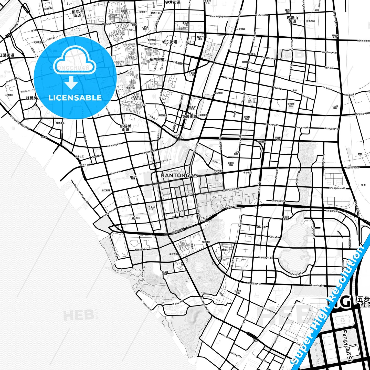 Nantong, China Light Map with Street Names, City Names, and Districts