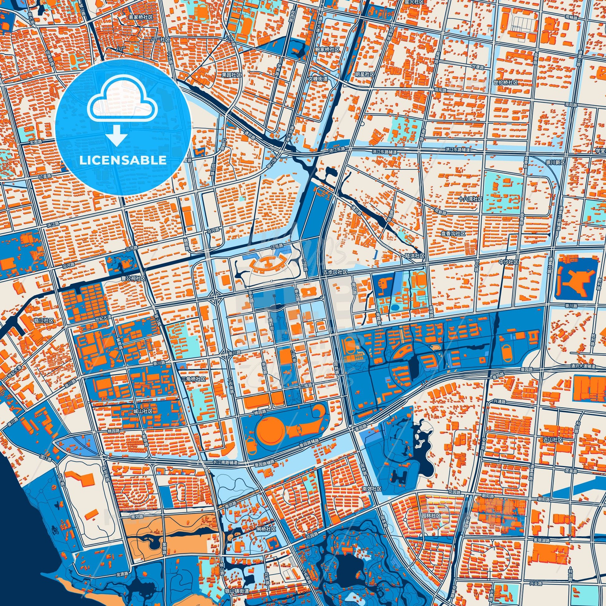 Colorful Nantong Street Map with Labels and Buildings