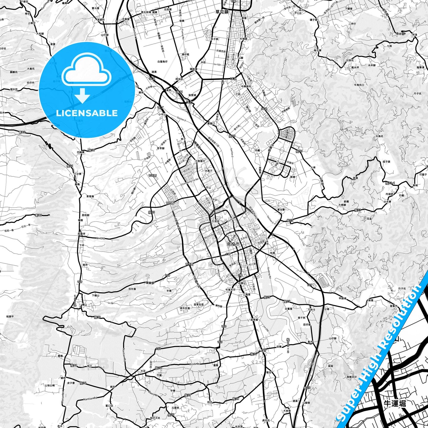 Nantou, Taiwan Light Map with Street Names, City Names, and Districts