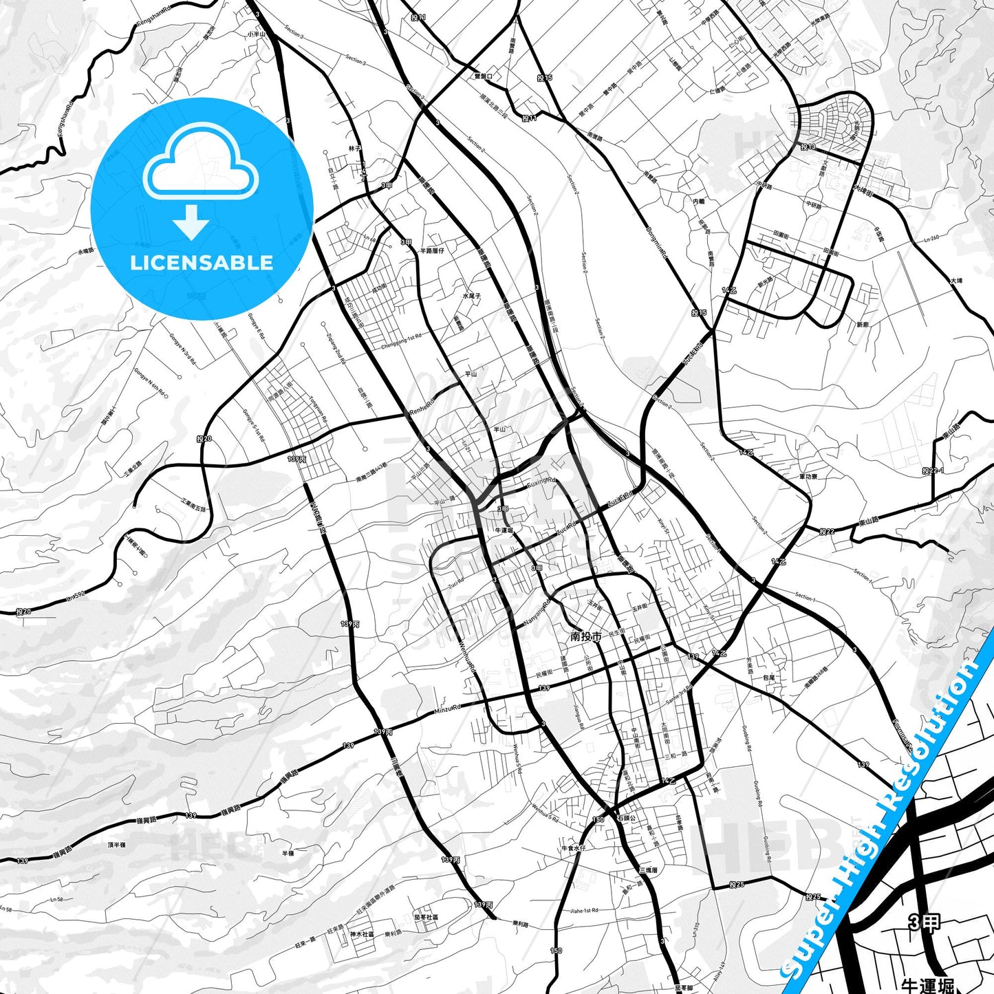 Nantou, Taiwan Light Map with Street Names, City Names, and Districts