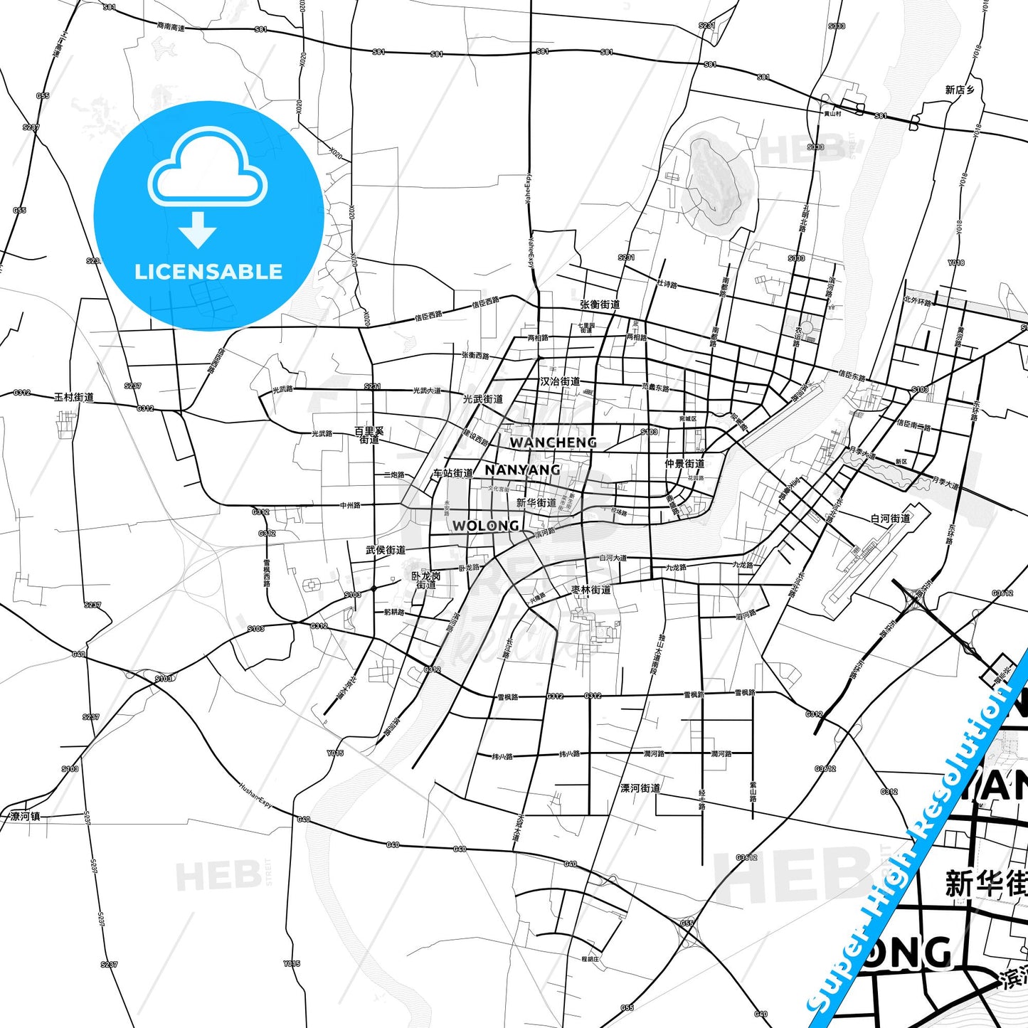 Nanyang, China light map with streetnames, citynames and districts