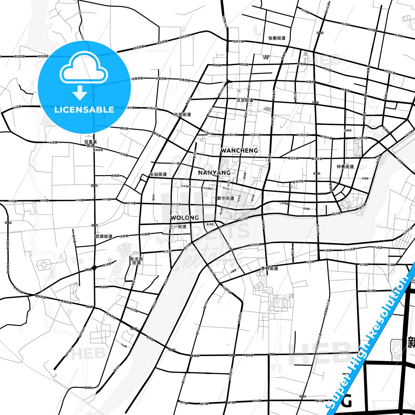 Nanyang, China Light Map with Street Names, City Names, and Districts