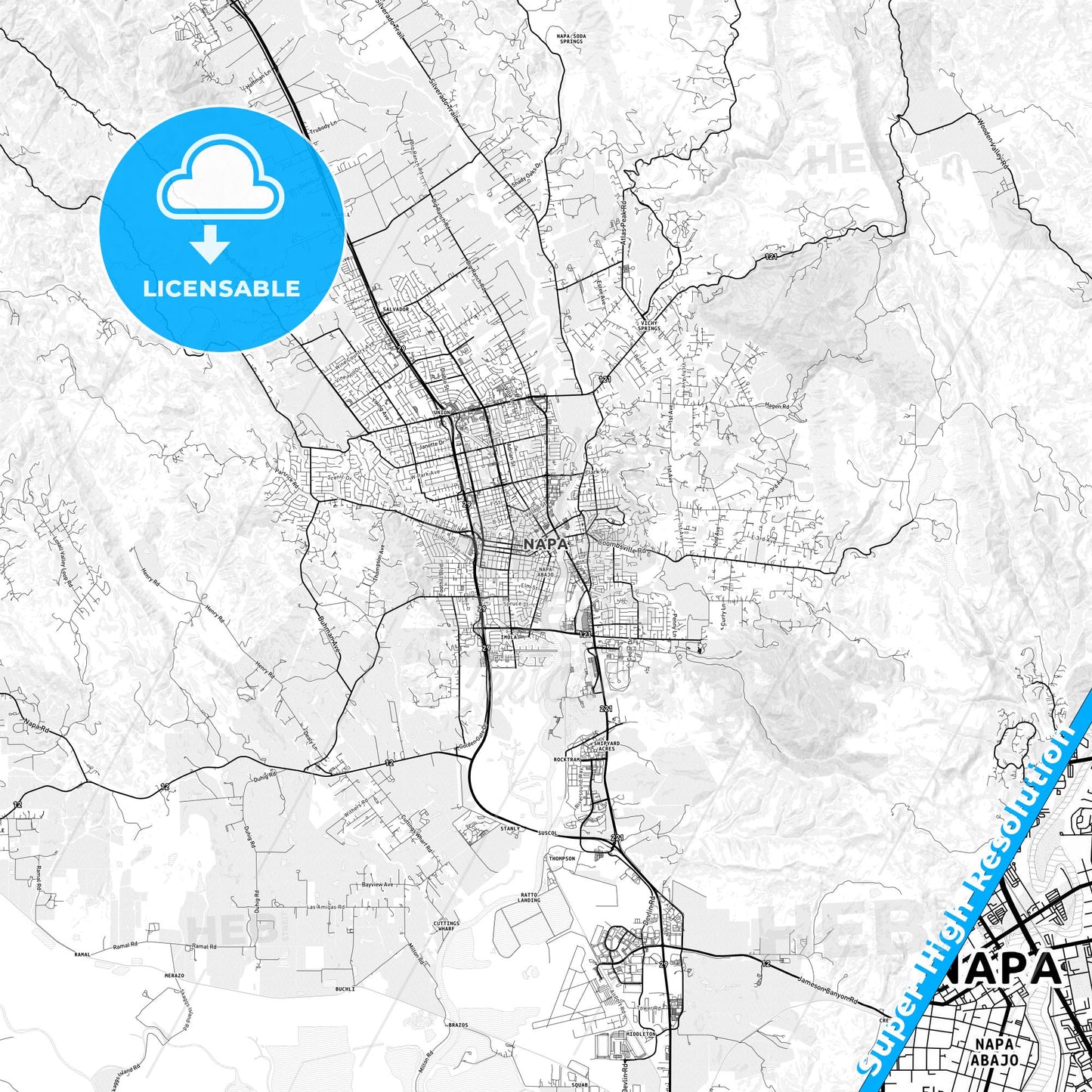 Napa, California light map with streetnames, citynames and districts