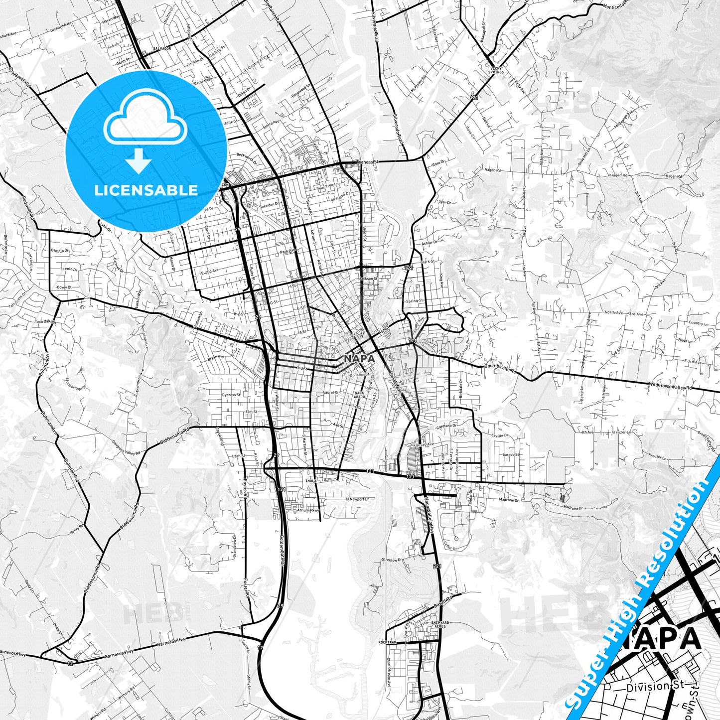 Napa, California Light Map with Street Names, City Names, and Districts