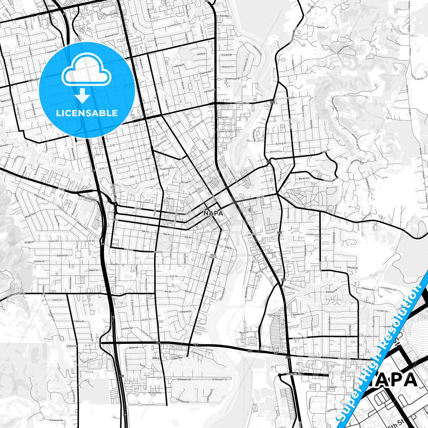 Napa, California Light Map with Street Names, City Names, and Districts