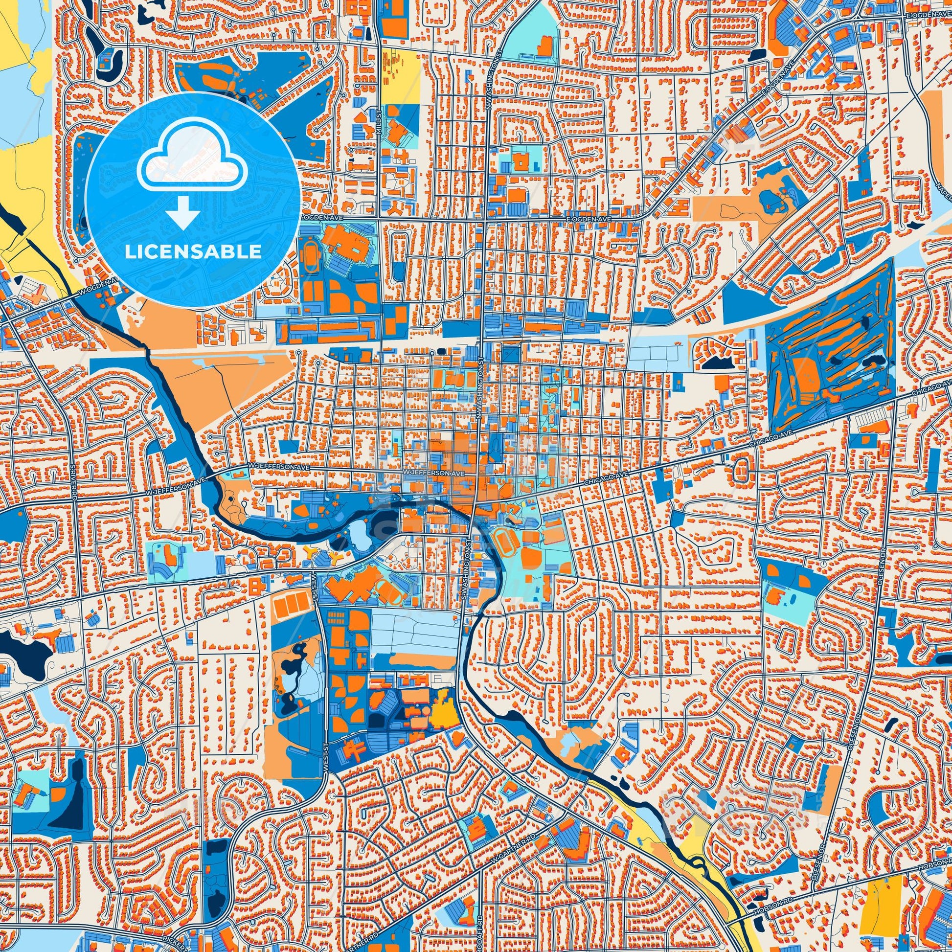 Colorful Naperville Street Map with Labels and Buildings