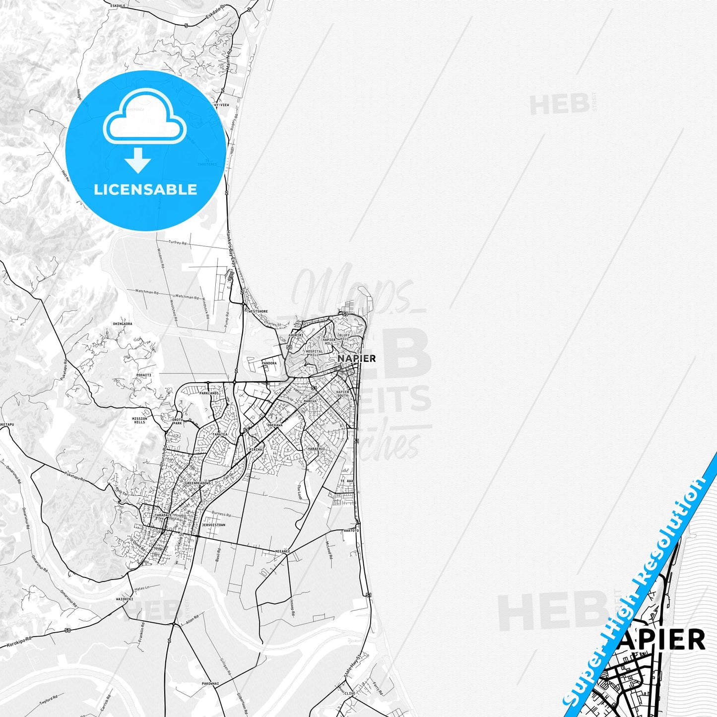 Napier-Hastings, New Zealand light map with streetnames, citynames and districts