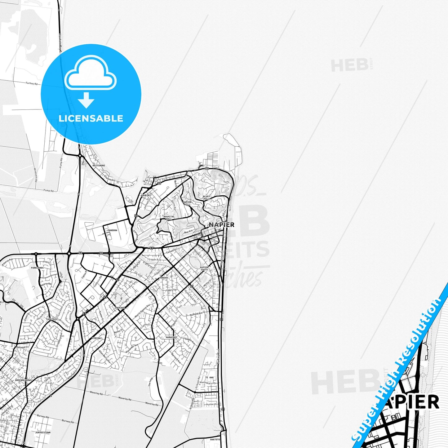 Napier-Hastings, New Zealand Light Map with Street Names, City Names, and Districts