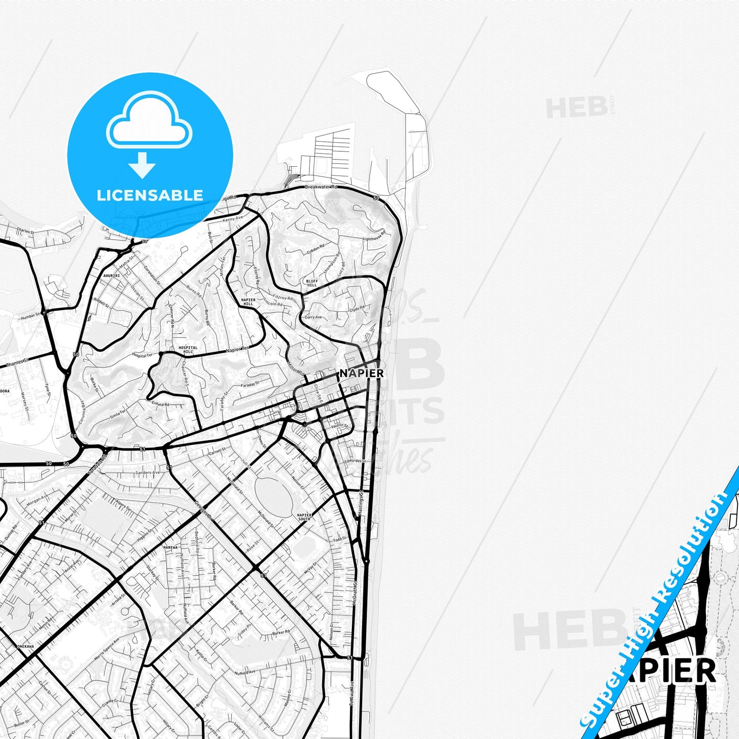 Napier-Hastings, New Zealand Light Map with Street Names, City Names, and Districts
