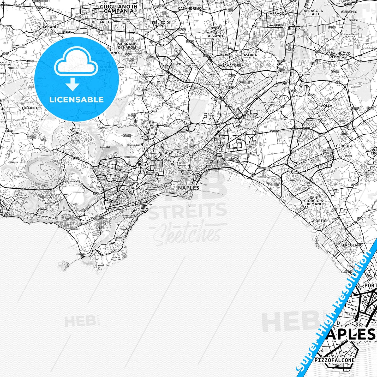 Naples, Italy light map with streetnames, citynames and districts