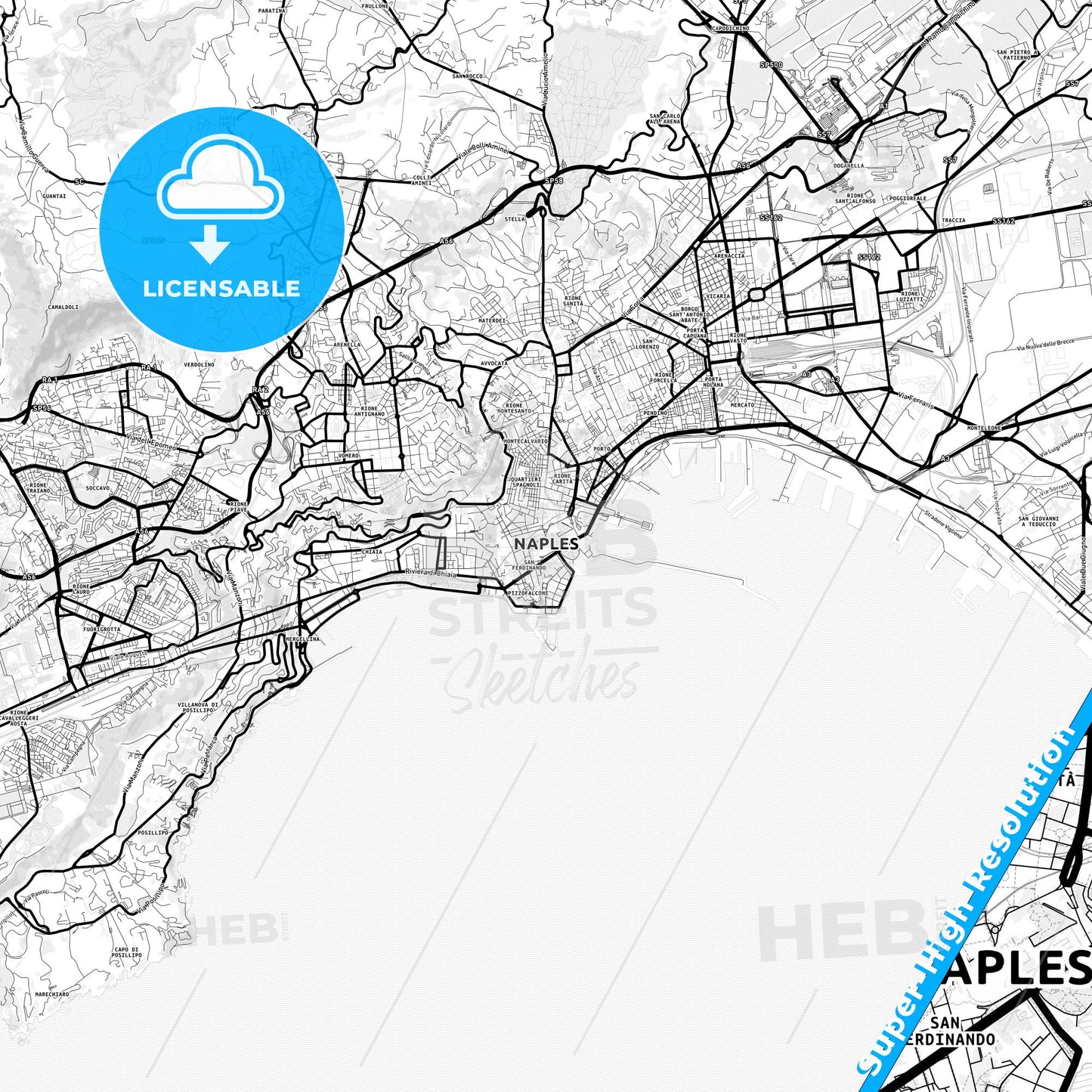 Naples, Italy Light Map with Street Names, City Names, and Districts