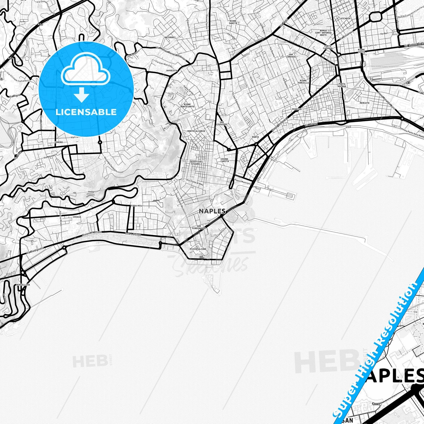 Naples, Italy Light Map with Street Names, City Names, and Districts