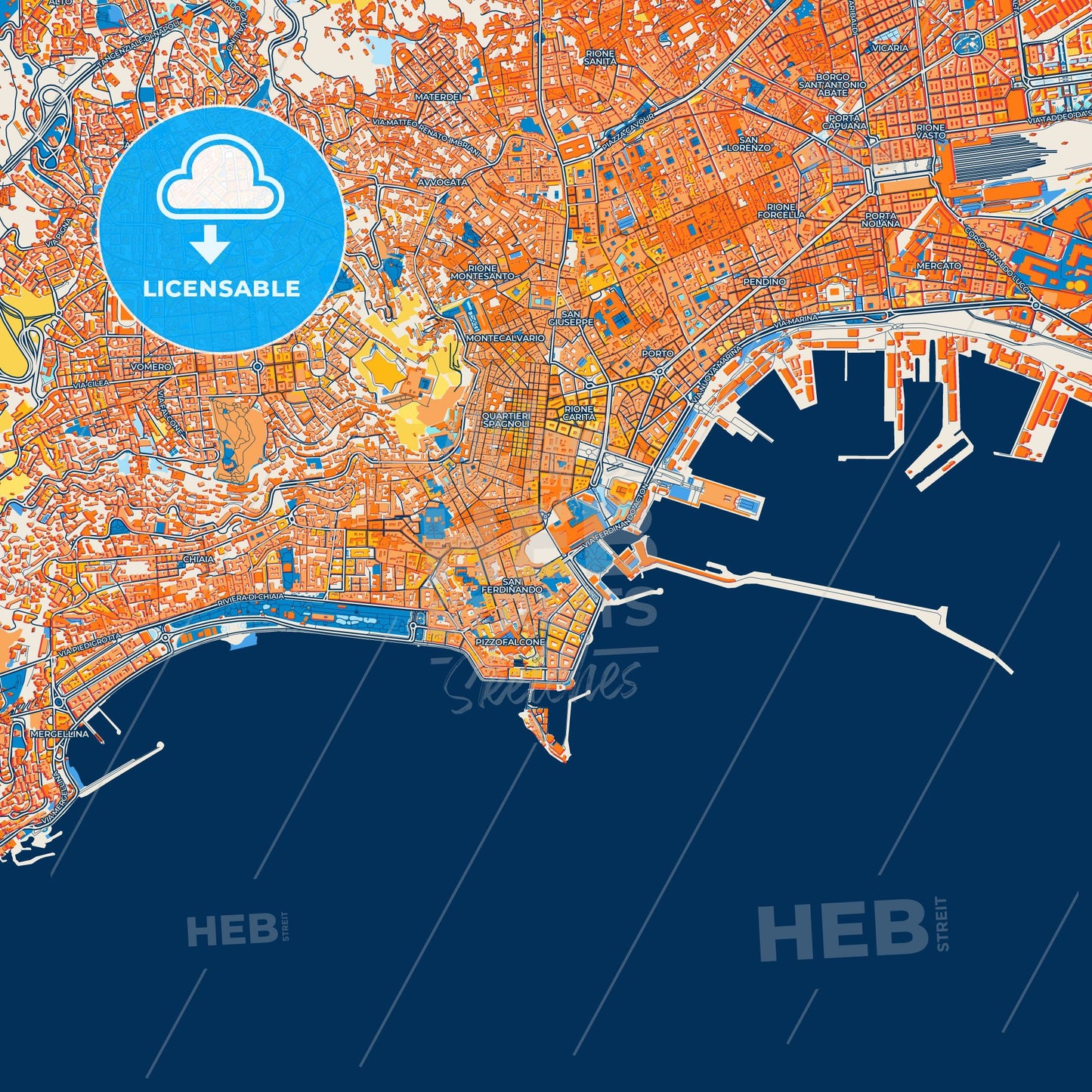 Colorful Naples Street Map with Labels and Buildings