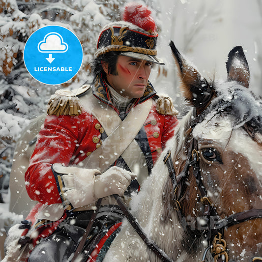 Napoleon Crossing the Alps on a Donkey - A man in a red coat riding a horse in the snow