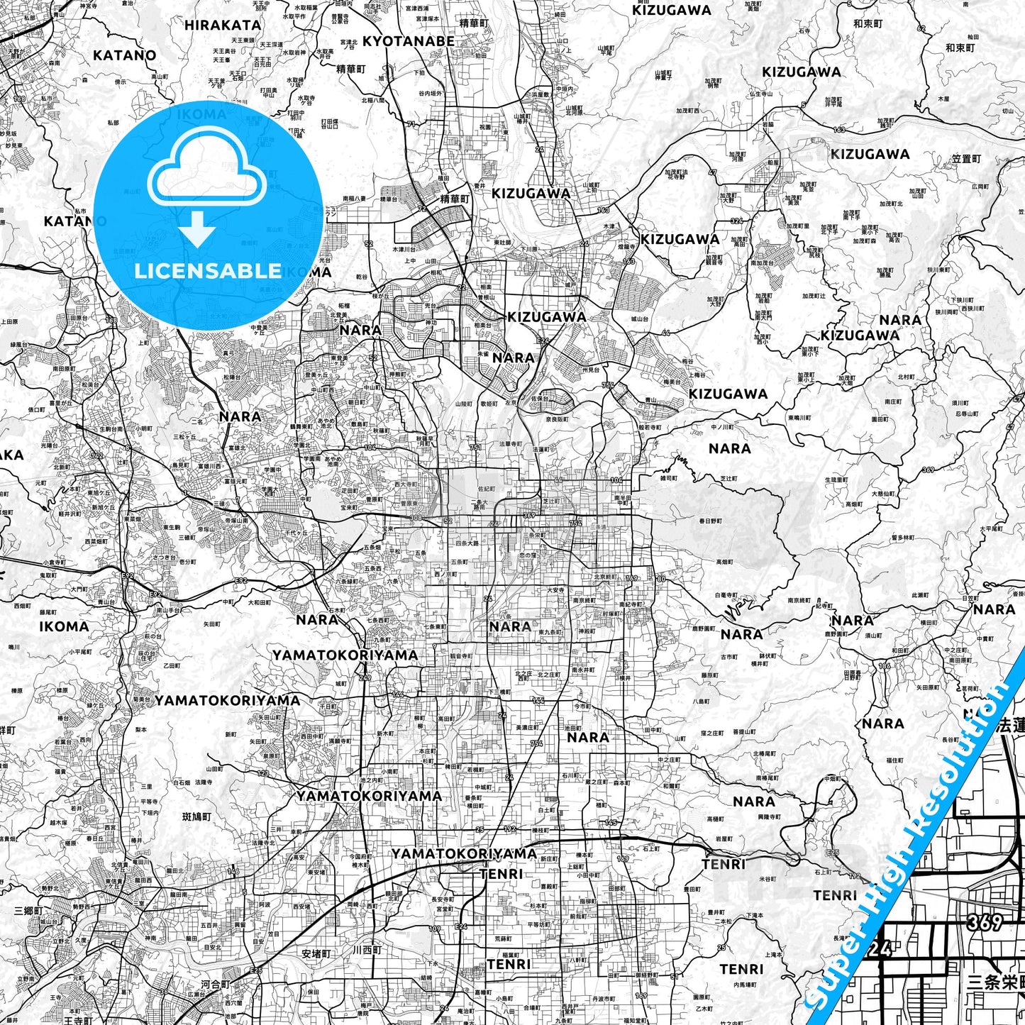 Nara, Japan light map with streetnames, citynames and districts