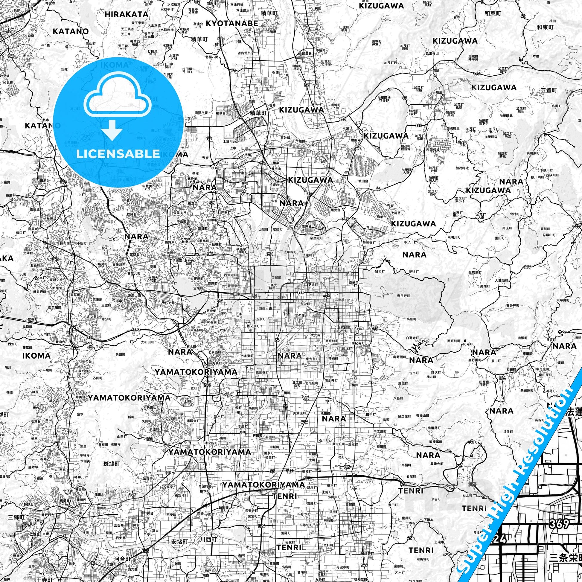 Nara, Japan light map with streetnames, citynames and districts