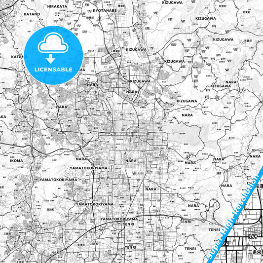Nara, Japan light map with streetnames, citynames and districts